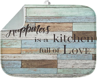 Sanwarm Absorbent Dish Drying Mat, Happiness Is A Kitchen Full of Love Microfiber Pad for Kitchen Counter, Coffee Bar Decor, Heat Resistant and Reversible, 18" x 24"