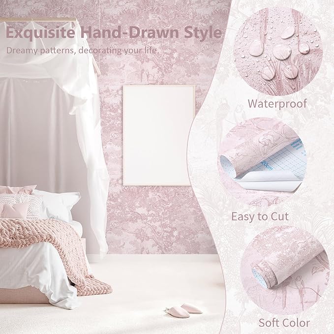 Dimoon 17.3" X 188.9" Peel and Stick Wallpaper Pink White Modern Forest Floral Wallpaper Renter Friendly Waterproof Removable Self Adhesive Wall Paper Bedroom Livingroom Cabinets Vinyl