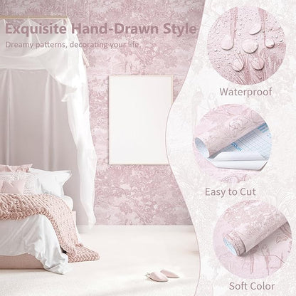 Dimoon 17.3" X 188.9" Peel and Stick Wallpaper Pink White Modern Forest Floral Wallpaper Renter Friendly Waterproof Removable Self Adhesive Wall Paper Bedroom Livingroom Cabinets Vinyl