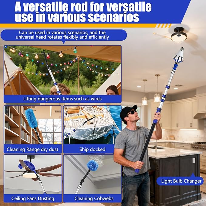 26FT Light Bulb Changer for High Ceilings with 5-20FT Heavy Duty Extension Pole,High Ceiling Fan Duster Extendable Reusable Cobweb,Feather,Window Cleaning Squeegee Kit for Home & House,Interior Roof