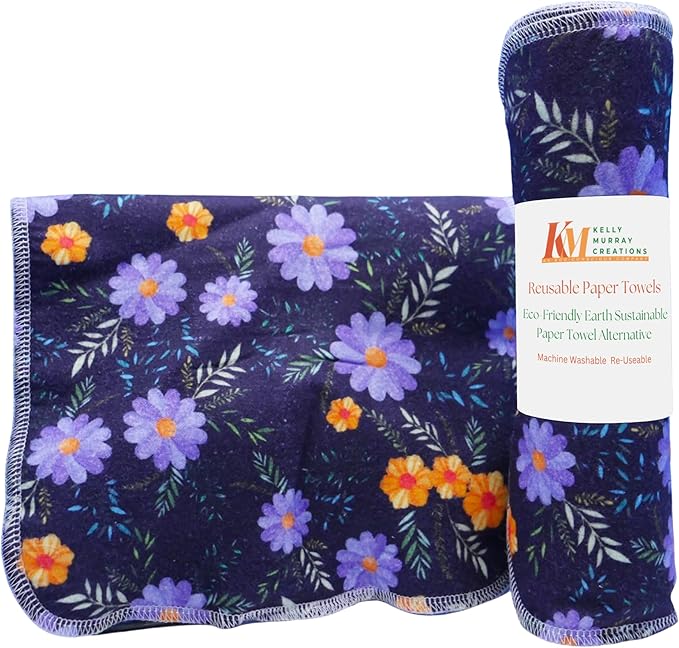 Pack of 10 Reusable Paper Towels | 10x10 Inch Cotton Towels | Kitchen Utensils Print | Eco Friendly, Washable, Quick Drying | Sustainable Cleaning Cloths | Floral Dark
