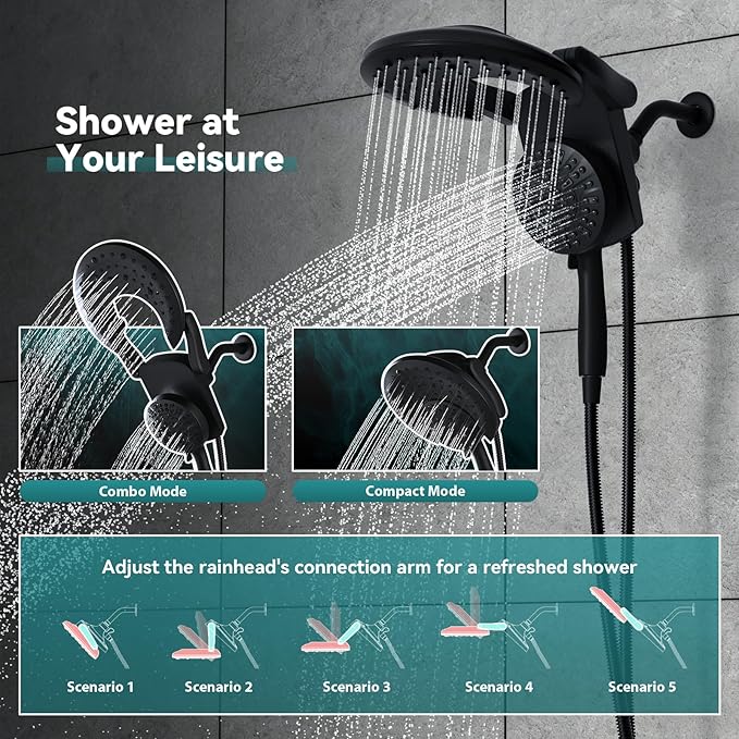 Rain Shower Head with Handheld: Foldable High Pressure Shower Heads with Handheld Spray Combo, 9 Spray Settings/Modes Hand Held Showerhead Dual Rainfall Shower Head Built-in Magnetic Docking and Jets