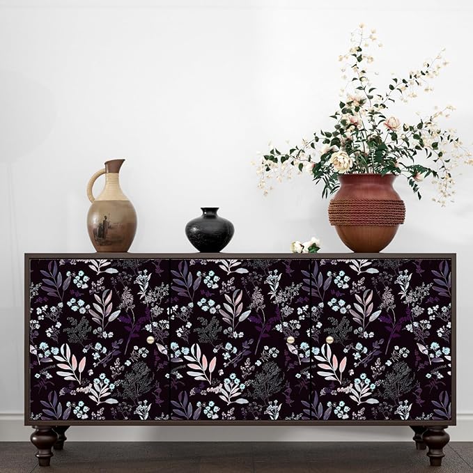 Laatse Vintage Purple Wallpaper Peel and Stick Dark Floral Wallpaper 17.5'' x 118'' Purple Leaf Contact Paper Vinyl Waterproof Self Adhesive Boho Botanical Wall Paper for Bedroom Cabinet Décor