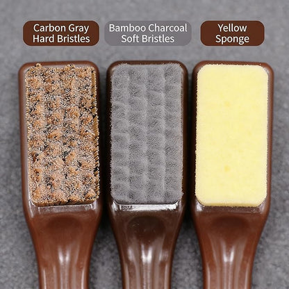 Multi-Purpose Cleaning Brush Set with Carbon Gray Hard Bristles, Bamboo Charcoal Soft Bristles, and Yellow Sponge, 3 Pack Small Detail Brushes for Collectibles, Toys, and Crevices