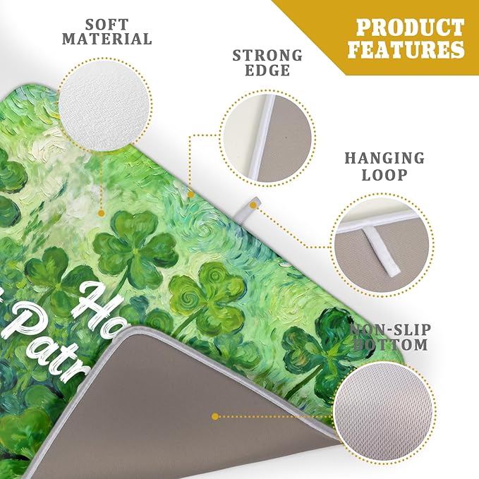 St Patricks Day Lucky Clover Dish Drying Mat for Kitchen Counter 18x24 Green Shamrock Happy Holiday Theme Absorbent Reversible Microfiber Drying Mats Kitchen Countertop Protector Dishes Drainer Pad
