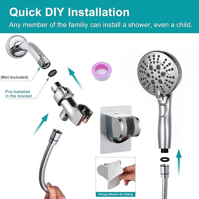 Handheld Shower Head with on off Switch&Built-in Power Spray,7-Setting High Pressure Spray Shower Wand with 79in Long Hose&Bracket and Extra Adhesive Shower Holder for Lower Mount,Chrome