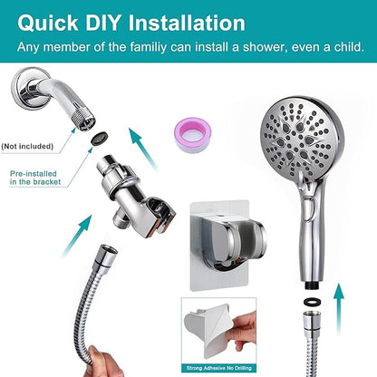 Handheld Shower Head with on off Switch&Built-in Power Spray,7-Setting High Pressure Spray Shower Wand with 79in Long Hose&Bracket and Extra Adhesive Shower Holder for Lower Mount,Chrome