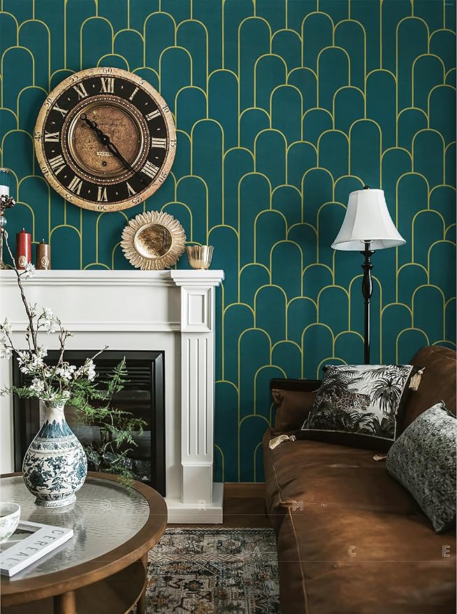 Yasinet Peel and Stick Wallpaper Green and Gold Wallpaper Modern Dark Green Contact Paper Gold Geometric Removable Self Adhesive Wall Paper for Bedroom/Cabinet Waterproof Bathroom Vinyl 393.7" x 17.3"