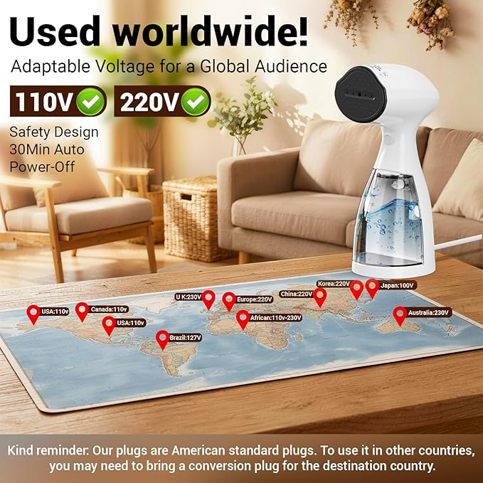 Handheld Steamer for Clothes Wrinkle Removes,110V to 220V Garment Steamer for Multiple Countries,1000W,Large Water Tank 450 ML,10 FT Power Cord,35s Fast Heating (white)