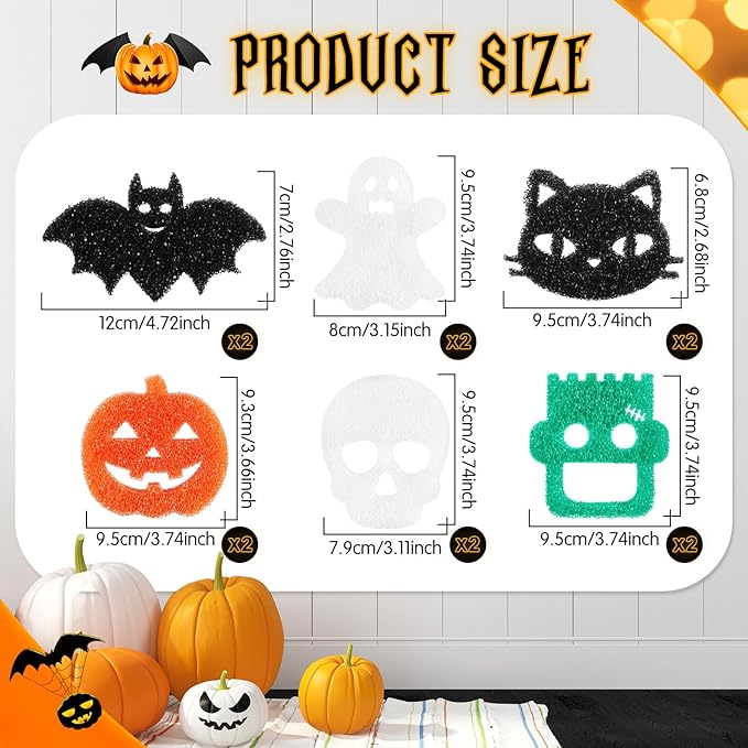 Umigy 12 Pcs Halloween Cleaning Sponges Cute Kitchen Scrub Sponges Ghost Bat Pumpkin Cat Sponge Temperature Sensitive Non Scratch Household Cleaning Sponges Scrubber for Dish Pots and Pans Dishwashing