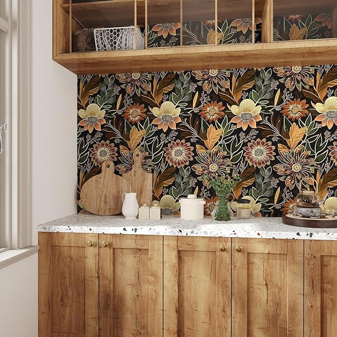 Laatse Boho Wallpaper Peel and Stick Dark Floral Wallpaper for Cabinet Vintage Contact Paper Waterproof Self Adhesive Removable Modern Wall Paper for Bedroom Stair Bathroom 17.5in x393in