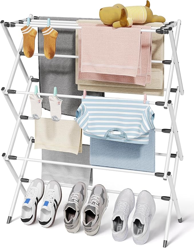 Foldable Clothes Drying Rack – Metal Laundry Drying Rack with Non-Slip Feet, 3-Tier Space-Saving Clothing Rack for Organization, Indoor & Outdoor Use, 11.4"D x 29.1"W x 37.4"H, White and Black