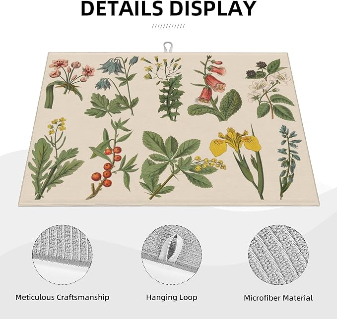 Plants Herbs Floral Dish Drying Mats for Kitchen Counter, Absorbent Reversible Microfiber Dish Drying Pad, Multi-Use Large Drying Mat Coffee Bar Accessories 18"x24"