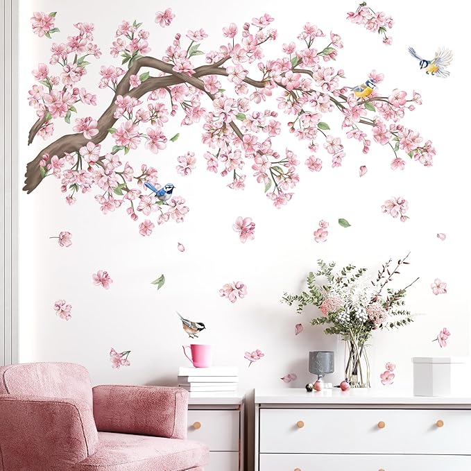 wondever Cherry Blossom Tree Branch Wall Stickers Pink Flower Floral Birds Peel and Stick Wall Art Decals for Bedroom Living Room Sofa