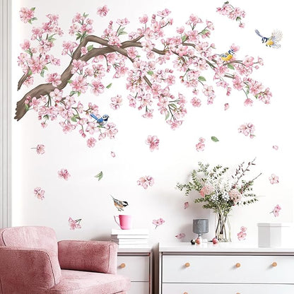 wondever Cherry Blossom Tree Branch Wall Stickers Pink Flower Floral Birds Peel and Stick Wall Art Decals for Bedroom Living Room Sofa