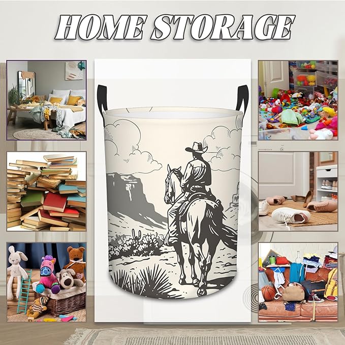 Western Cowboy Laundry Basket, Round Oxford Cloth Laundry Hamper, Waterproof Collapsible Storage Organizer Bin with Handles for Room, Nursery Home Storage, Gift for Chritsmas Thanksgiving 13.8x17.7in