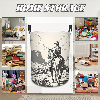 Western Cowboy Laundry Basket, Round Oxford Cloth Laundry Hamper, Waterproof Collapsible Storage Organizer Bin with Handles for Room, Nursery Home Storage, Gift for Chritsmas Thanksgiving 13.8x17.7in