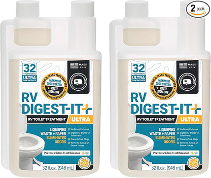Unique RV Digest-It Ultra Super Concentrated RV Toilet Treatment, 64 Uses - Eliminates Smells and Liquifies Waste, Preventative Bio-Enzymatic Holding Tank Treatment (32 oz, Pack of 2)