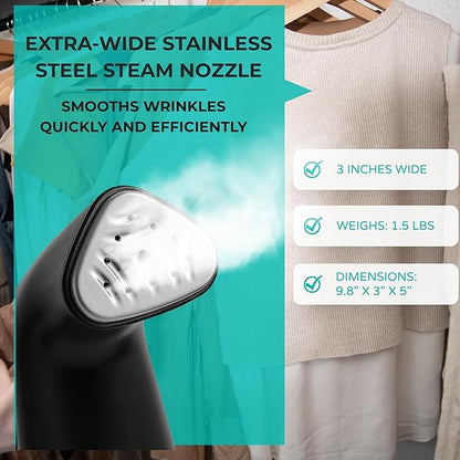 True & Tidy Compact Handheld Garment Steamer for Clothes, Travel Steamer with Stainless Steel Nozzle, 800 watts, Black