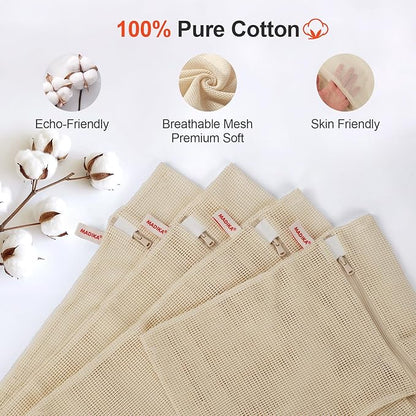 MADIKA 100% Cotton Mesh Laundry Bags, Organic Cotton Laundry bags, No Dye, Set of 4, Natural