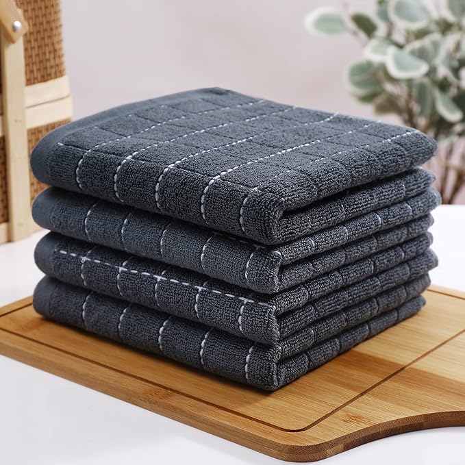 Homaxy 100% Cotton Terry Kitchen Towels(Dark Grey, 13 x 28 inches), Checkered Designed, Soft and Super Absorbent Dish Towels, 24 Pack