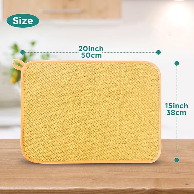 GeeRic Microfiber Dish Drying Mat, Super Absorbent Kitchen Dish Drying Pad, Reversible for Countertop, 15*20 inch Yellow