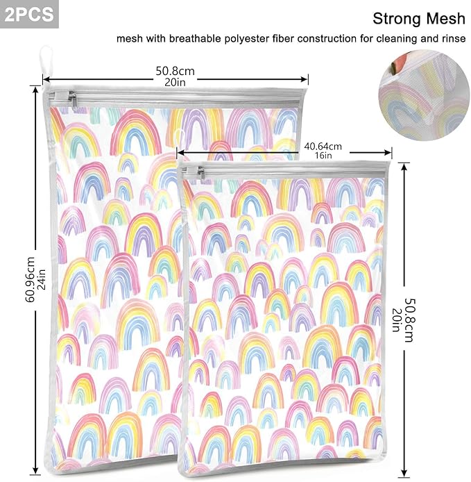 Mesh Laundry Bags Lingerie Bags for Washing Delicates 2 PCS Durable Wash Bag with Zipper Small and Medium Washable Gradient Cute Rainbows