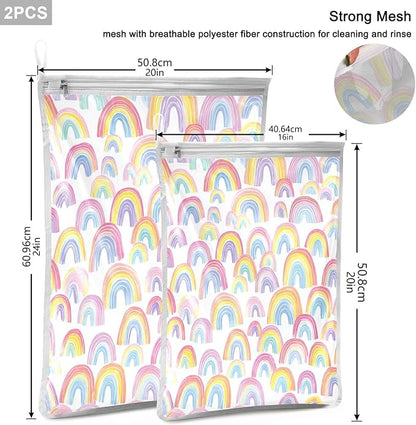 Mesh Laundry Bags Lingerie Bags for Washing Delicates 2 PCS Durable Wash Bag with Zipper Small and Medium Washable Gradient Cute Rainbows