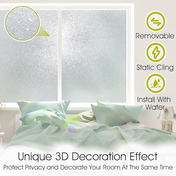 KESPEN Frosted Window Privacy Film Heat Control UV Sun Blocking Glass Stickers Static Cling Non Adhesive Door Coverings Decals for Bathroom Home Office, Sparkling, 23.6 Inch X 13.1 Feet