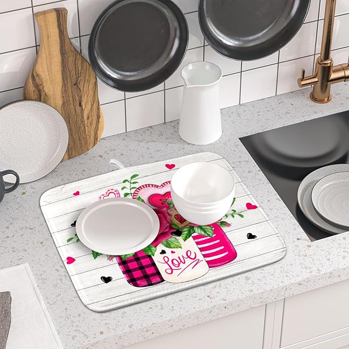 Valentine's Day Rose Flower Dish Drying Mat for Kitchen Counter,Mason Jar Pink Love Heart Drying Mat 16 x 18 Inch with High Absorbent Microfiber Drainer Mat for Coffee Bar