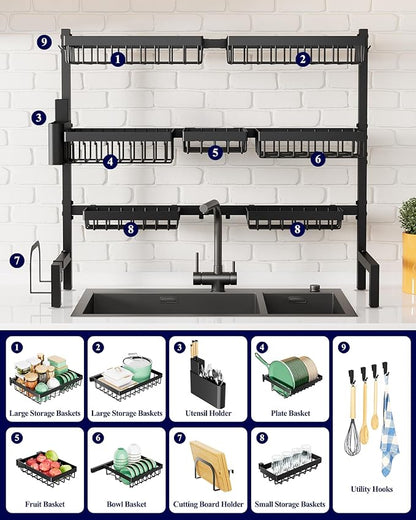 Kitsure Over The Sink Dish Drying Rack - 31.5" to 39.4" x 30.3", Adjustable Sink Drying Rack for Kitchen Sink with Multifunctional Baskets, Black