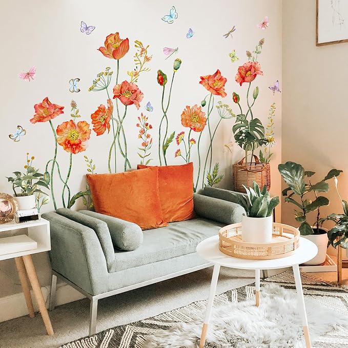 Floral Butterflies Wall Decal Red Flower with Colorful Butterflies Wall Stickers Peel and Stick Waterproof Decor for Living Room Bedroom