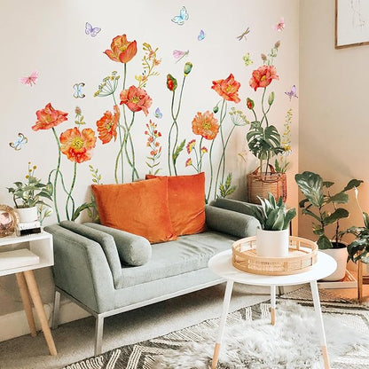 Floral Butterflies Wall Decal Red Flower with Colorful Butterflies Wall Stickers Peel and Stick Waterproof Decor for Living Room Bedroom