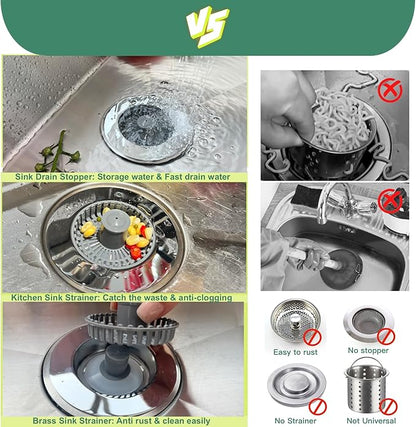 Kitchen Sink Drain Strainer, Sink Strainer, 3 in 1 Kitchen Sink Stopper, Sink Drain Stopper with an Extra Anti-Clog Sink Strainer Basket for Standard 3-1/2" Drain, Brass Material Electroplated Chrome