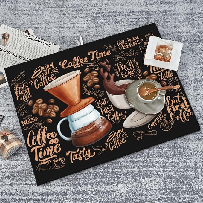 Fun Coffee Dish Drying Mat, Highly Absorbent Microfiber Kitchen Counter Pad Reusable Washable, 18*24"