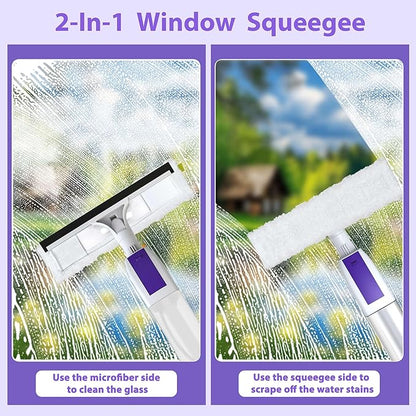 Spray Window Squeegee with 60" Extension Pole, Window Cleaning Squeegee Kit- 2-In-1 Squeegee Scrubber, 3 Microfiber Cleaning Pad&400ML Refill Bottle, Multi-Use Squeegee for Home Shower Car Windshield.