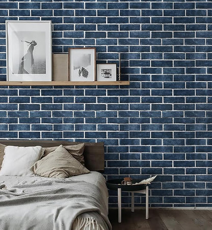 HeloHo 196.8"X17.7" Navy Blue Brick Wallpaper Peel and Stick Self-Adhesive Removable Brick 3D Textured Wall Paper for Kitchen Backsplash Living Room Bedroom Decor