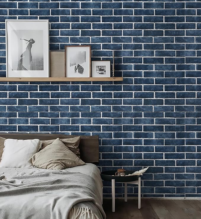 HeloHo 17.7" X 394" Blue Brick Wallpaper Peel and Stick Self-Adhesive Removable 3D Textured Wall Paper for Kitchen Backsplash Living Room Bedroom Decor