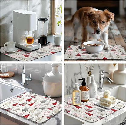 Christmas Dish Drying Mats for Kitchen Counter Xmas Tree Drying Mat Winter Holiday Dishes Drying Pad Microfiber Absorbent Dish Draining Mat Washable Dish Drainer Rack Mat 16x18 Inch