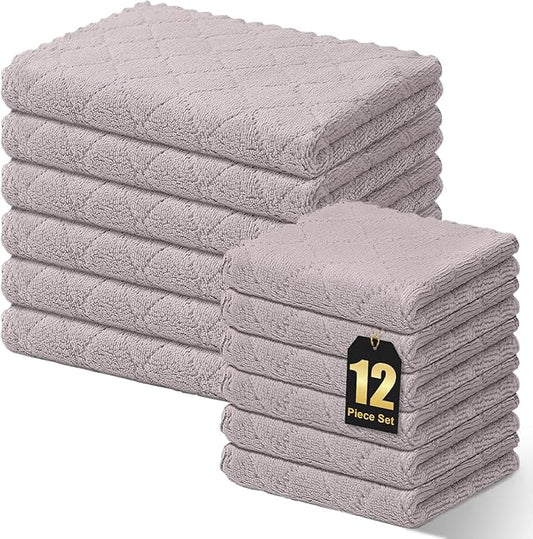 Homaxy Kitchen Towels and Dishcloths Set, 10 x 10 and 13 x 19 Inches, Set of 12 Super Soft and Absorbent Coral Velvet Kitchen Towels, No Lint and Nonstick Oil Fast Drying Dish Towel, Grey