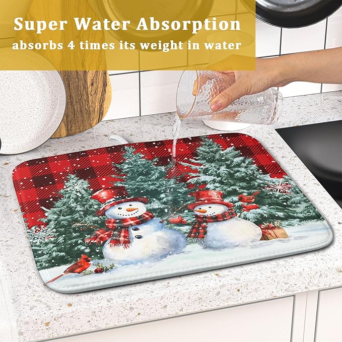 Christmas Snowman Dish Drying Mat for Kitchen Counter Xmas Trees Snowflake Buffalo Plaid Drying Mat 16x18 Inch Winter Holiday Absorbent Dish Drainer Mat Christmas Kitchen Accessories