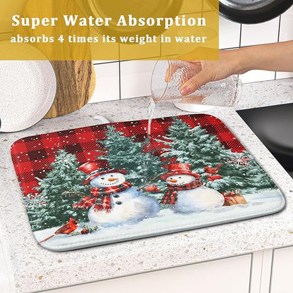 Christmas Snowman Dish Drying Mat for Kitchen Counter Xmas Trees Snowflake Buffalo Plaid Drying Mat 16x18 Inch Winter Holiday Absorbent Dish Drainer Mat Christmas Kitchen Accessories
