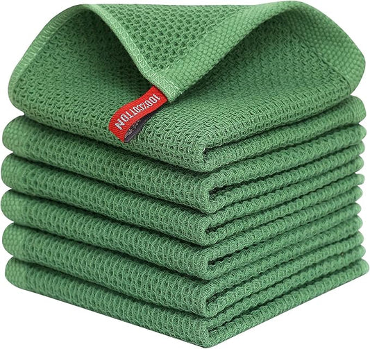 Kitinjoy 100% Cotton Kitchen Dish Cloths (12 X 12 Inches, Grass Green), 6 Pack Waffle Weave Ultra Soft Absorbent Dish Towels for Drying Dishes Quick Drying Kitchen Towels Dish Rags