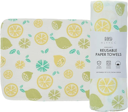 Reusable Paper Towel Rolls 20 Pack,Washable Napkin Cloth Value Set of 20 Pack of Paperless Towel-100% Cotton, Super Soft, Absorbent Made to Last (Two-Color Lemon, 9.84 * 11.81)