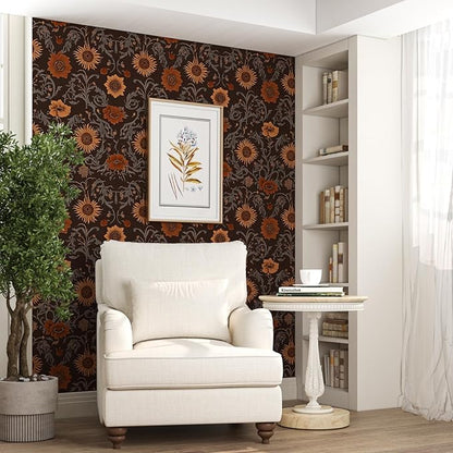 Vintage Floral Peelable Wallpaper, Dark Brown Flower Moody Theme Self Adhesive Removable Wallpapers for Bedroom Cabinet Drawer, Boho Vinyl Witchy Contact Paper Wall Art Decor 17.5In x 118In