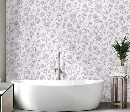Timeet Floral Peel and Stick Wallpaper Pink and White Wallpaper Removable Self-Adhesive Contact Paper for Bedroom Bathroom Vintage Wall Paper for Walls Covering 17In×196.8In
