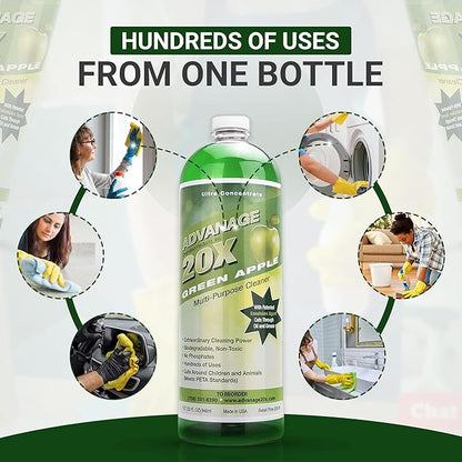 Advanage 20X All Purpose Cleaner Concentrate – Green Apple Eco-Friendly Heavy Duty Degreaser, Multisurface Cleaner for Bathroom, Kitchen, Floors, Household Cleaning Supplies, Made in USA, 32 Fl Oz