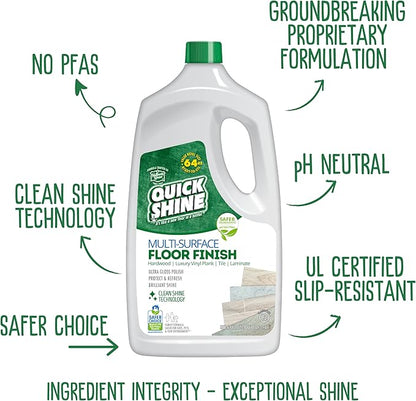 Quick Shine Multi-Surface Floor Finish-Polish 64oz-4pk | Safer Choice, No PFAS, pH Neutral Clean Shine Technology | Squirt & Spread | For Wood, Laminate, LVP, LVT, Tile & Stone | Made in USA