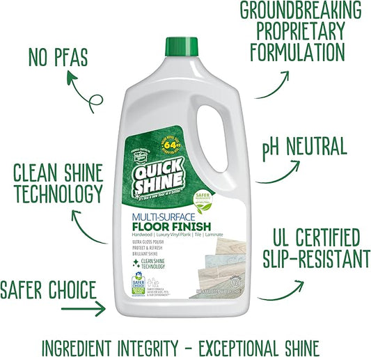 Quick Shine Multi-Surface Floor Finish-Polish 64oz-4pk | Safer Choice, No PFAS, pH Neutral Clean Shine Technology | Squirt & Spread | For Wood, Laminate, LVP, LVT, Tile & Stone | Made in USA
