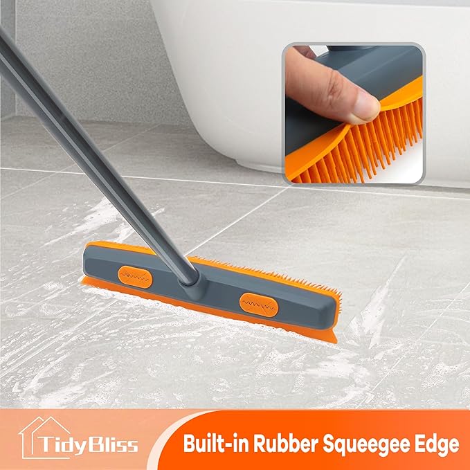 Pet Hair Removal Broom, 57.5 inches Rubber Brush Carpet Rake with Silicone Squeegee, Fur Remover Tool with Detailing Lint Comb for Cleaning Rug, Tile, Hardwood Floor (Gray Orange)